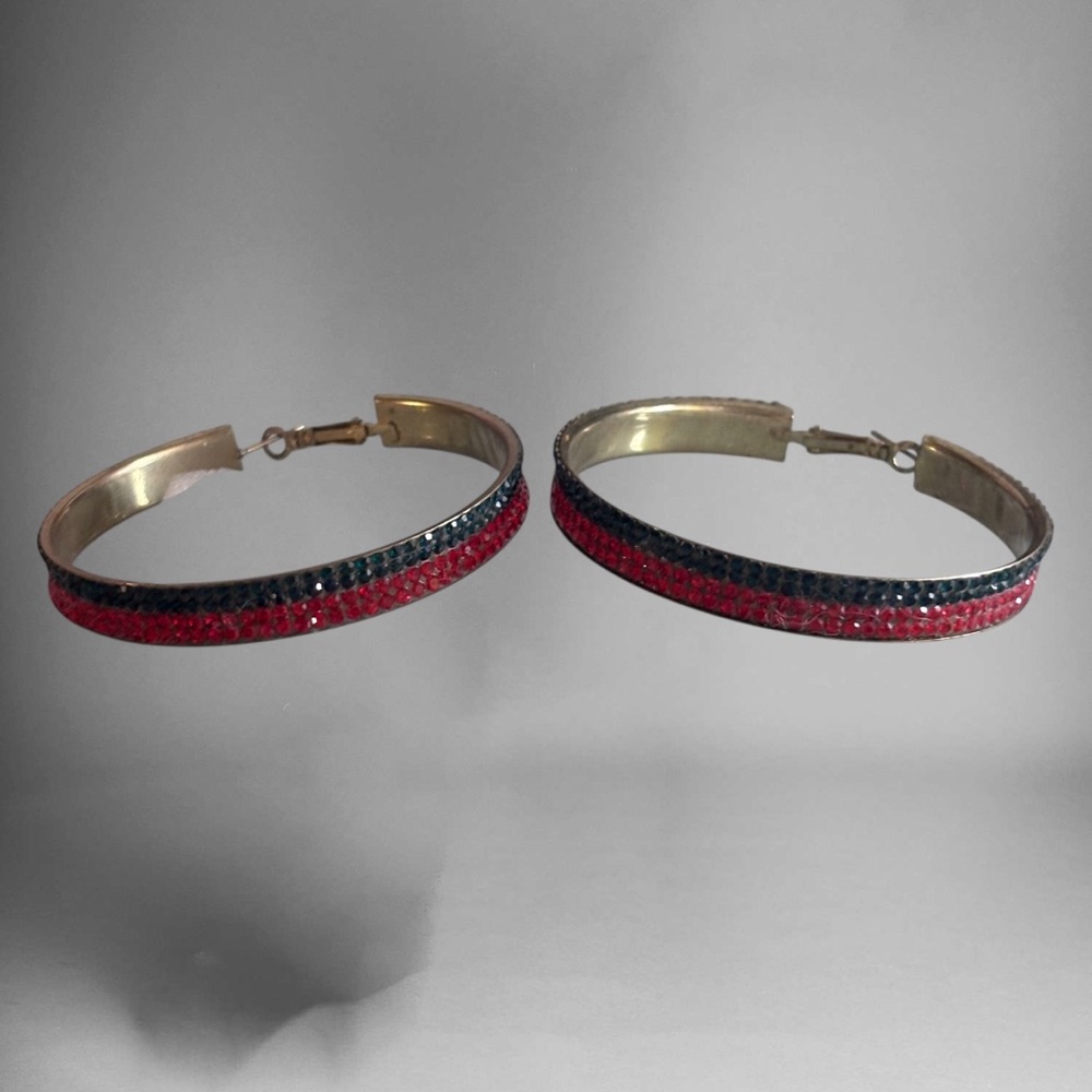 🌼VTG Brass Red & Blue Rhinestone Hoop Earrings